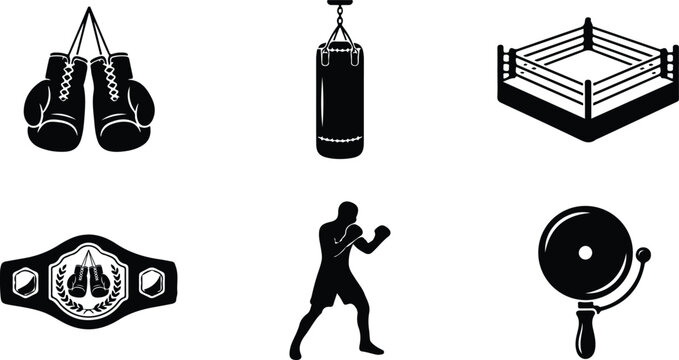 Boxing elements with punch bag and fallen fighter during a match in a graphic style
