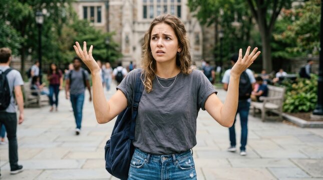 A young woman with wavy brown hair gestures emphatically with her hands while standing in a college campus. She wears a gray t-shirt, blue jeans, and a dark backpack.