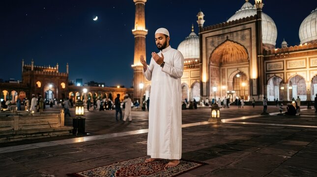 A man is praying in front of the Jama Masjid in Delhi, India. He is wearing a white thobe and is barefoot on a prayer rug.