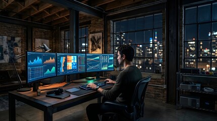 Obraz premium Man working on multi-monitor financial charts in dark modern home office