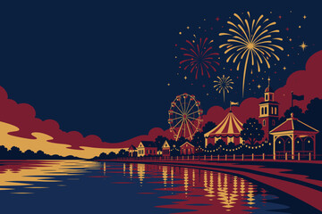 Obraz premium Fourth of July Small Town Fairground Silhouettes Landscape Backgroun