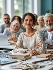 Fototapeta premium Diverse group of adults smiling and learning together in a bright classroom or workshop setting