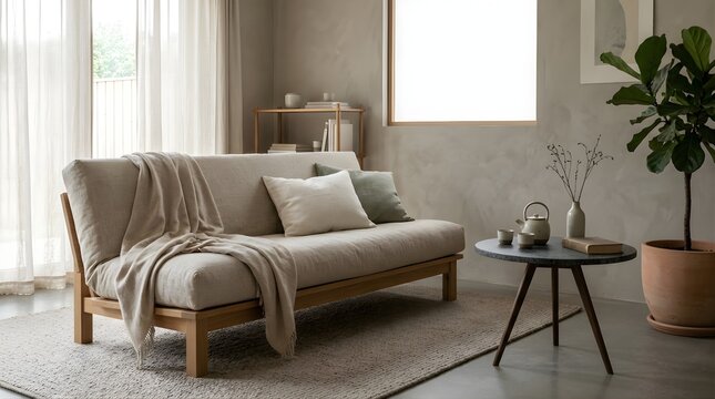 Minimalist Living Room Interior Featuring a Beige Sofa and Coffee Table
