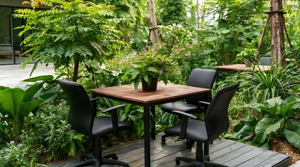 Fototapeta premium Outdoor garden seating area with wooden table black office chairs and lush tropical plants surrounding a raised deck