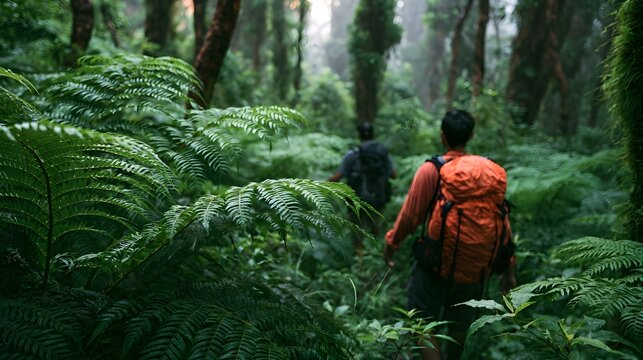 Two hikers with backpacks trek through a lush green jungle filled with towering trees and giant ferns under misty conditions