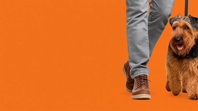 Man walking a happy Airedale Terrier dog on a leash, isolated on vibrant orange background