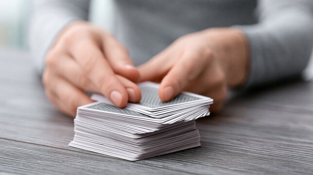 Close up of hands shuffling a deck of playing cards on a wooden table, ready for a game