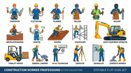 Fototapeta premium Construction workers are engaged in various professions on a building site with heavy machinery and tools.