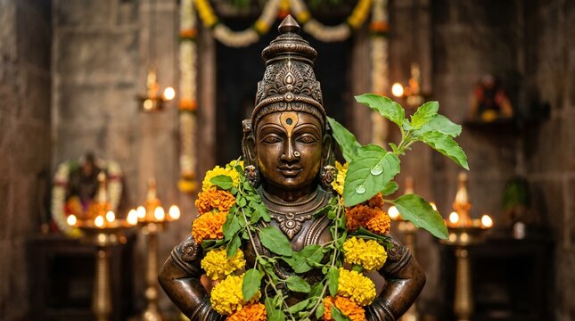 Antique bronze idol of lord vitthal adorned with tulsi and marigold garlands