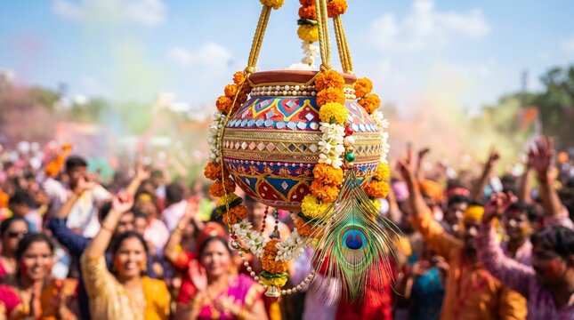 Hand painted clay pot dahi handi decoration hanging on janmashtami festival
