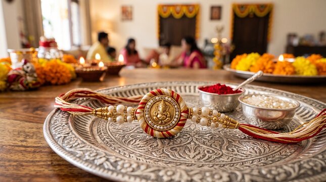 Beautiful ganesha rakhi on silver platter with kumkum and rice, raksha bandhan