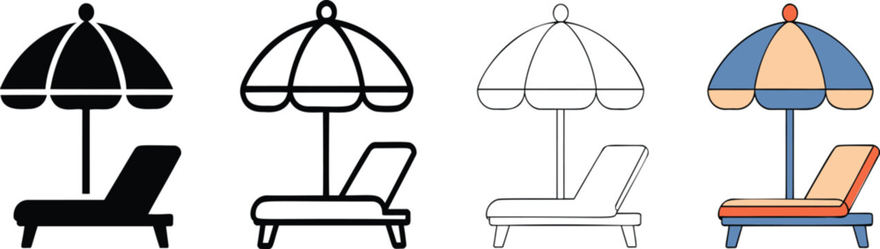 Colorful beach lounge chair with umbrella illustration set