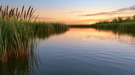 Obraz premium Serene Lakeside Sunset with Cattails and Calm Water Reflecting the Sky