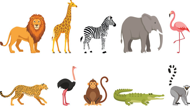 African animal illustration set with lion, giraffe, zebra, elephant, and more
