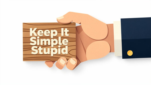 Hand holding wooden block with motivational quote keep it simple stupid in bold white letters on natural wood background