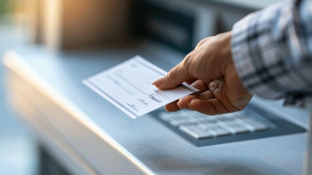 Close-up of a person's hand depositing a check into an ATM machine for convenient banking