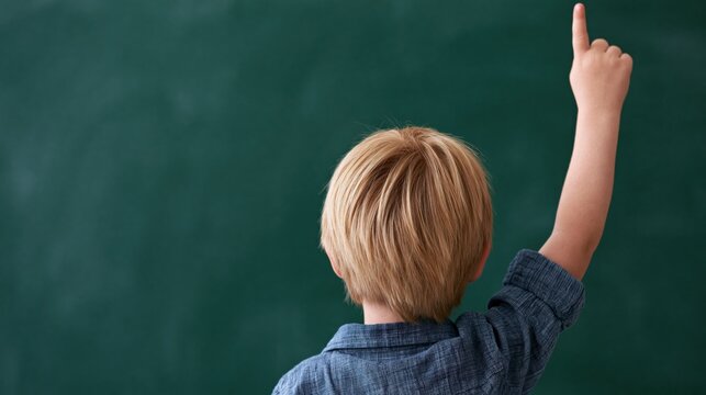 Young boy with blonde hair raising hand with index finger up in front of a green chalkboard, eager to answer