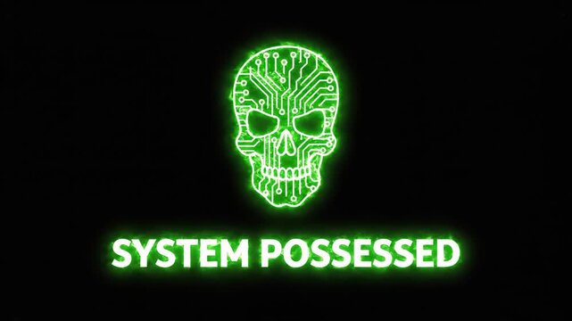 Neon Green Digital Circuit Board Skull Illustration with System Possessed Text for Cyber Horror and Halloween Themes