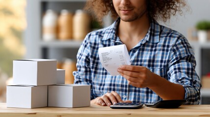 Fototapeta premium Young Small Business Owner Man Reviewing Receipts and Boxes for Shipping and Inventory Management