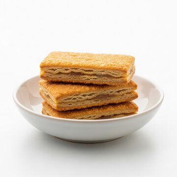 Stacked crispy layered square crackers in white bowl isolated on white bkg.
