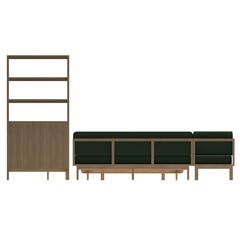 Front view of a white oak living room furniture set featuring an L shaped sofa, coffee table, TV cabinet, storage cabinet, bookshelf, and stool.  © Rio