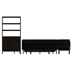 Front view of a walnut living room furniture set featuring an L shaped sofa, coffee table, TV cabinet, storage cabinet, bookshelf, and stool.  © Rio