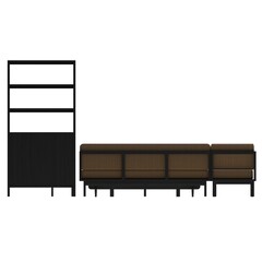 Front view of a white oak black water living room furniture set featuring an L shaped sofa, coffee table, TV cabinet, storage cabinet, bookshelf, and stool.  © Rio