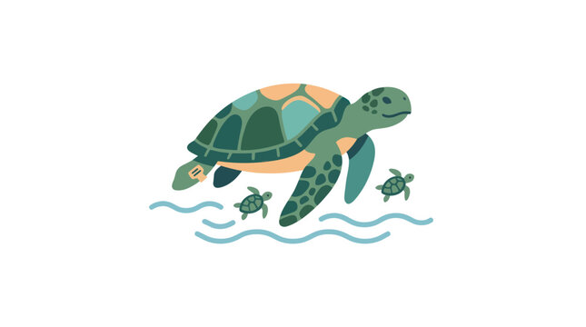 Cute sea turtle swimming with baby turtles in the ocean waves.