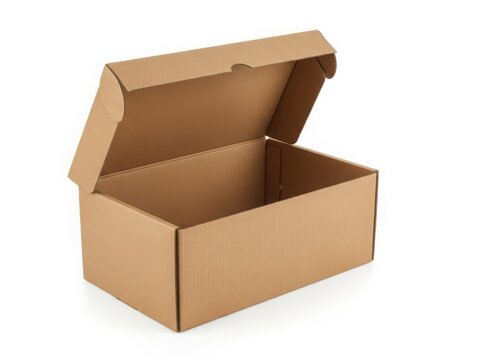 An open cardboard box with its lid slightly ajar, ready for packing or unpacking.