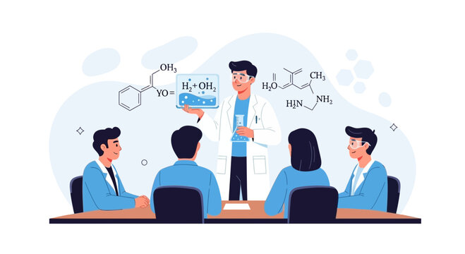 Scientist presenting chemical reaction to students in a modern laboratory meeting, vector illustration