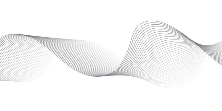 Abstract flowing gray and black wave lines creating dynamic geometric soundwave curves with minimalist technology line art for modern digital frequency banner design.