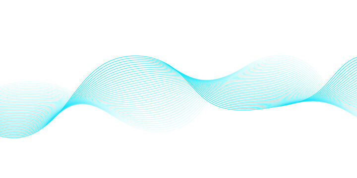 Abstract cyan and light blue wave lines with smooth flowing curves on white background, minimalist vector banner representing audio soundwaves, digital frequency, and technology.