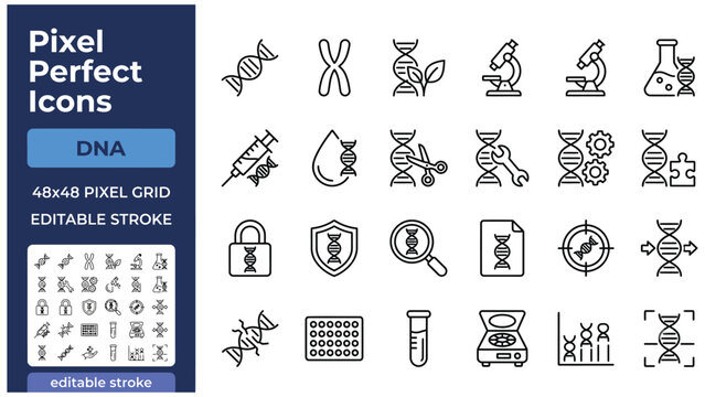 DNA line icon set. Gene research, genome helix, protein structure, chromosome, genetic heredity, GMO linear minimal vector illustration. Simple outline signs. 
