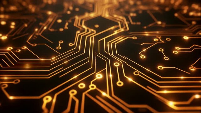 金色の光が走る近未来的な回路基板パターン