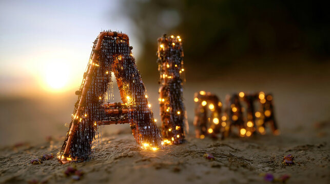 Conceptual illuminated lettering formed by rustic twigs and warm golden string lights