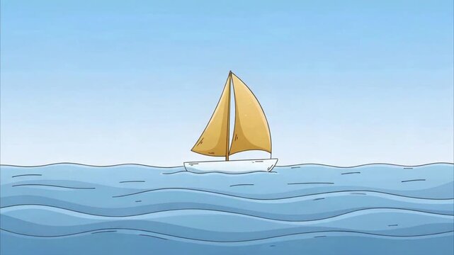 Original Flat Cartoon Sailboat Floating Smoothly on Gentle Ocean Waves with Stable Centered Animation and Static Camera Background