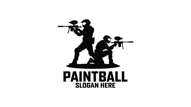 Paintball game logo template vector illustration featuring two players silhouettes holding markers guns isolated on a clean white background