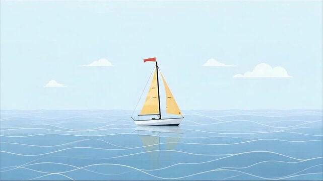 Original Flat Cartoon Sailboat Floating Smoothly on Gentle Ocean Waves with Stable Centered Animation and Static Camera Background