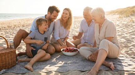 Family Enjoys Berries on Beach During Summer Bank Holiday