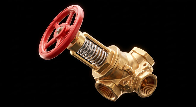 Brass gate valve with red wheel handle and spring mechanism isolated on black background.