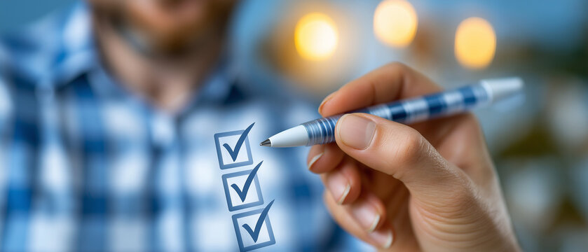 Checklist Completion: A close-up shot shows a hand holding a pen, marking a checklist with three ticks, symbolizing progress and task completion. The blurred background adds a professional.