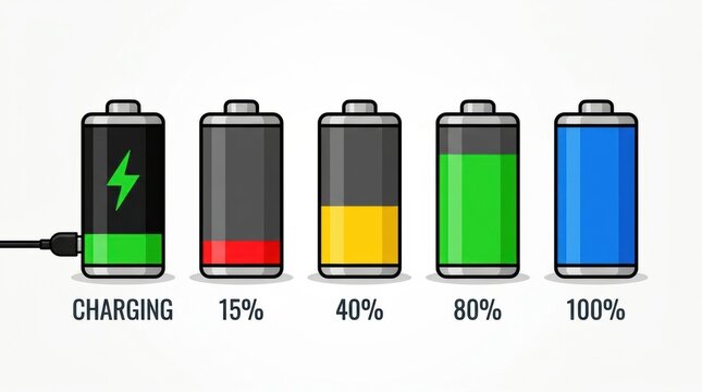 Battery level indicator illustration charging low medium full power status icons