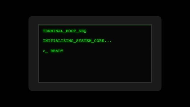 Cinematic computer terminal boot sequence animation with glowing green text displaying 'TERMINAL_BOOT_SEQ' and 'INITIALIZING_SYSTEM_CORE...', symbolizing startup, technology, and readiness for action