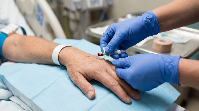 Nurse inserts an intravenous catheter into a patient's hand for necessary medical treatment in a hospital setting.