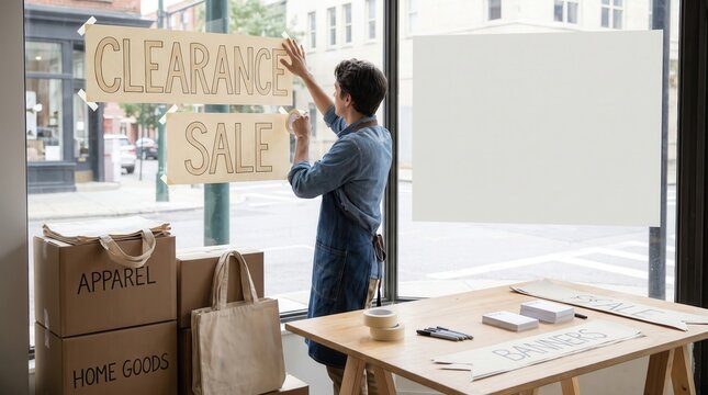 Retail Employee Prepares End Of Summer Clearance Sale Campaign