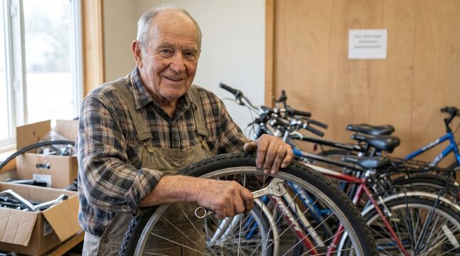 Senior Man Repairs Bicycle for Senior Citizen Day