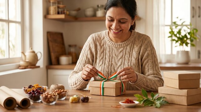 Smiling Woman Decorating Gift Box with Indian Flag Colors for India's Independence Day Celebration