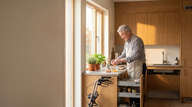 Senior Man Prepares Breakfast in Kitchen for Senior Citizen Day