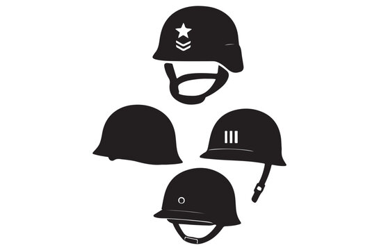 Military helmets silhouette collection black on white background