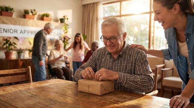 Senior Man Wrapping Gift for Senior Citizen Day Celebration